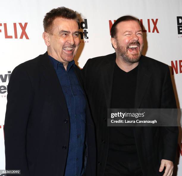 Charlie Hanson and Ricky Gervais attend "David Brent: Life on the Road" New York Screening at Metrograph on February 2, 2017 in New York City.