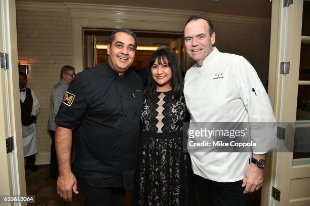 Chef Michael Mina, marketing Manager at Brennan's Fern Casio and chef Charlie Palmer attend the #Culinary Kickoff at Brennan's Restaurant on February...