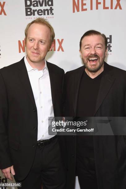 Director, Content Acquisition at Netflix, Ian Bricke and writer, director and actor Ricky Gervais attend "David Brent: Life on the Road" New York...