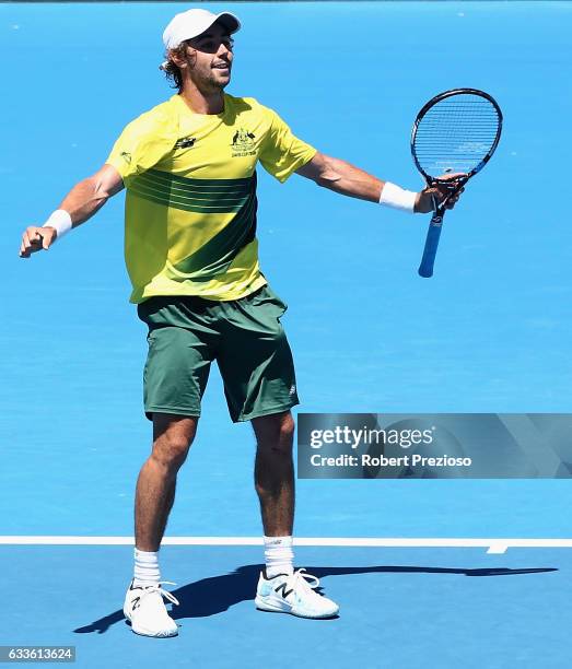 Jordan Thompson of Australia celebrates a win in his singles match against Jiri Vesely of Czech Republic during the first round World Group Davis Cup...