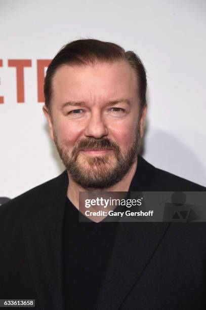 Writer, director and actor Ricky Gervais attends "David Brent: Life on the Road" New York screening at Metrograph on February 2, 2017 in New York...