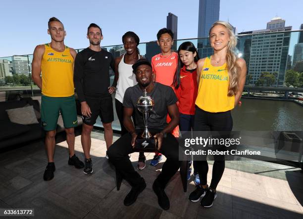 Usain Bolt, captain of the Bolt All-Stars poses with the Nitro Athletics Melbourne World Cup and Ryan Gregson of Australia, Matthew Wyatt of New...