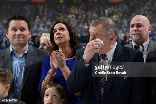 Bob Plager reacts during Plager's number retirement ceremony prior to a game between the Toronto Maple Leafs and the St. Louis Blues on February 2,...