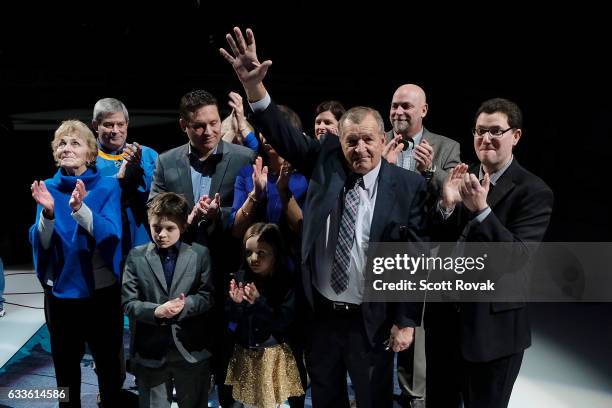 Bob Plager acknowledges fans during Plager's number retirement ceremony prior to game between the Toronto Maple Leafs and the St. Louis Blues on...