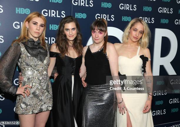 Actors Zosia Mamet, Allison Williams, Lena Dunham and Jemima Kirke attend the New York premiere of the sixth and final season of "Girls" at Alice...