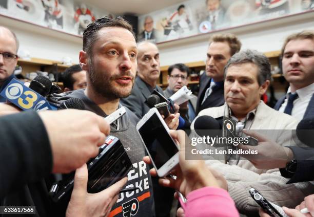 Mark Streit of the Philadelphia Flyers speaks to the media after defeating the Montreal Canadiens 3-1 on February 2, 2017 at the Wells Fargo Center...