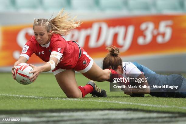 Megan Lukan of Canada scores a try during the womens Pool A match between Canada and France in the 2017 HSBC Sydney Sevens at Allianz Stadium on...