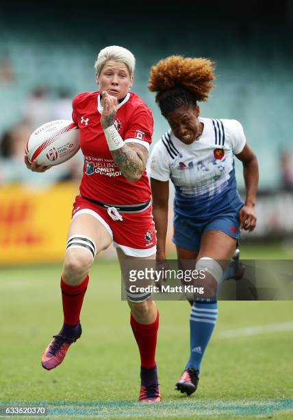 Jennifer Kish of Canada makes a break during the womens pool match between Canada and France in the 2017 HSBC Sydney Sevens at Allianz Stadium on...
