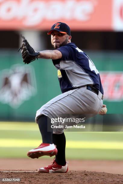 Tiago Da Silva pitcher of Venezuela delivers a pitch during a game between Aguilas del Zulia of Venezuela against Criollos de Caguas of Puerto Rico...