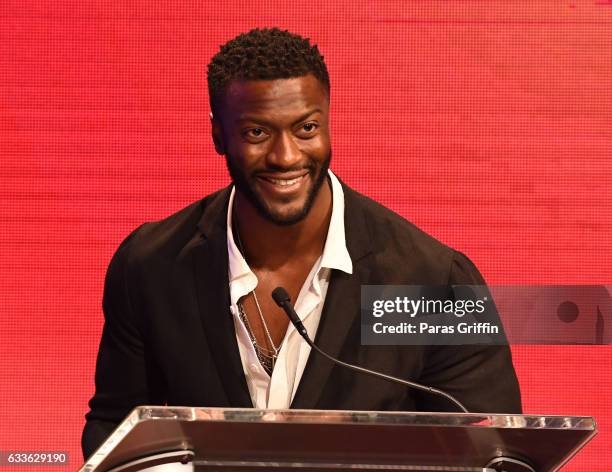 Actor Aldis Hodge speaks onstage at 5th Annual aTVfest on February 2, 2017 in Atlanta, Georgia.
