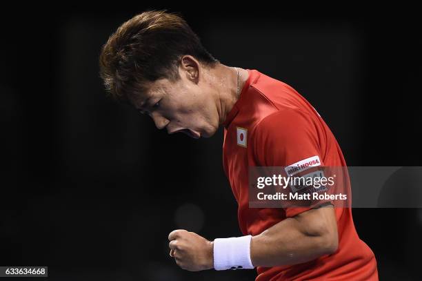 Yoshihito Nishioka of Japan reacts in his match against Gilles Simon of France during the Davis Cup by BNP Paribas first round singles match between...