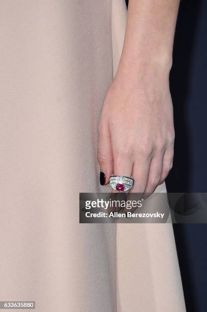 Actress Dakota Johnson, ring detail, attends the Premiere of Universal Pictures' "Fifty Shades Darker" at The Theatre at Ace Hotel on February 2,...