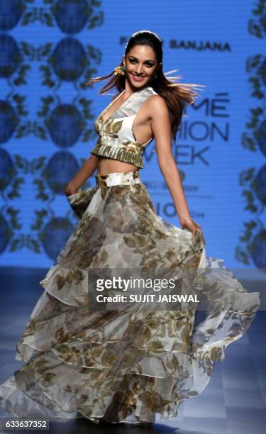 Indian Bollywood actress, Kiara Advani showcases a creation by designer Farah Sanjana at Lakmé Fashion Week Summer Resort 2017 in Mumbai on February...