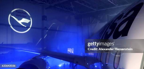 Lufthansa's first Airbus A350-900 passenger plane is pictured during a roll-out event at Munich Airport on February 2, 2017 in Munich, Germany. The...