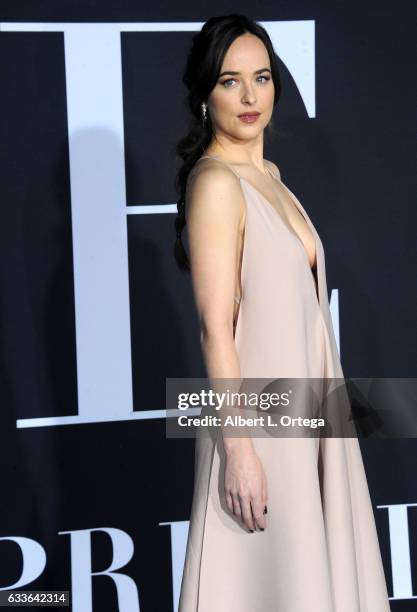 Actress Dakota Johnson arrives for the Premiere Of Universal Pictures' "Fifty Shades Darker" at The Theatre at Ace Hotel on February 2, 2017 in Los...