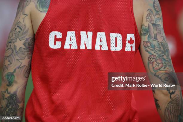 The tattoos of Jen Kish of Canada are seen during warm-up for the womens Pool A match between New Zealand and Canada in the 2017 HSBC Sydney Sevens...