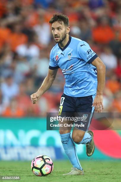 Milos Ninkovic of Sydney FC kicks the ball during the round 18 A-League match between the Brisbane Roar and Sydney FC at Suncorp Stadium on February...