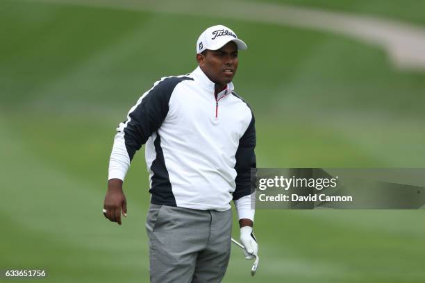 Amateur Rayhan Thomas of India looks down the 1st hole during the second round of the Omega Dubai Desert Classic at Emirates Golf Club on February 3,...