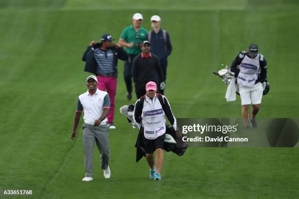 Amateur Rayhan Thomas of India walks down the 1st hole during the second round of the Omega Dubai Desert Classic at Emirates Golf Club on February 3,...