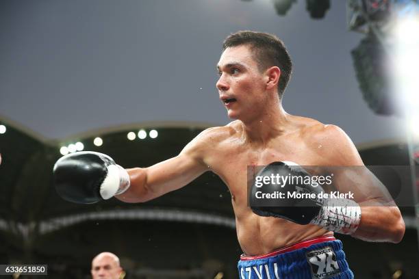 Australian boxer Tim Tszyu during his middleweight bout with Mark Dalby Adelaide Oval on February 3, 2017 in Adelaide, Australia.