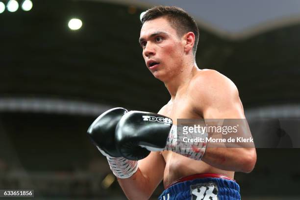 Australian boxer Tim Tszyu during his middleweight bout with Mark Dalby Adelaide Oval on February 3, 2017 in Adelaide, Australia.
