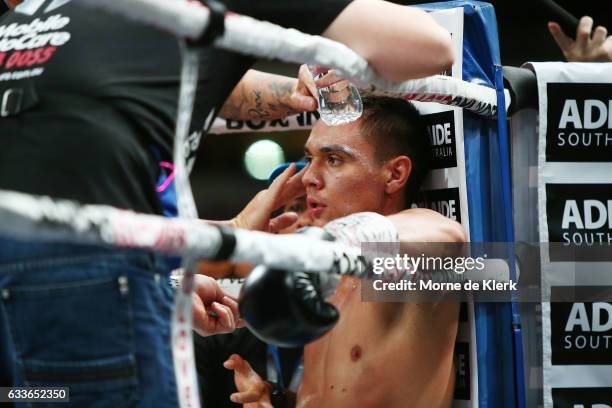 Australian boxer Tim Tszyu sits in his corner during his middleweight bout with Mark Dalby Adelaide Oval on February 3, 2017 in Adelaide, Australia.