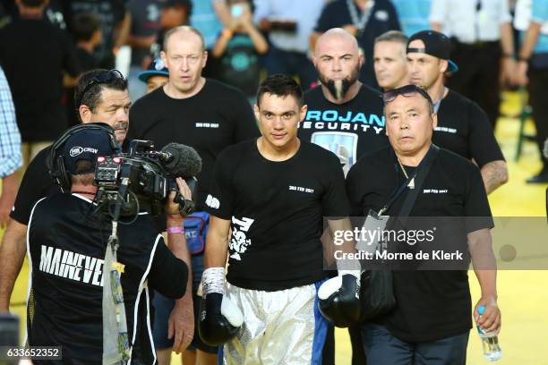 Australian boxer Tim Tszyu prepares for his middleweight bout with Mark Dalby Adelaide Oval on February 3, 2017 in Adelaide, Australia.