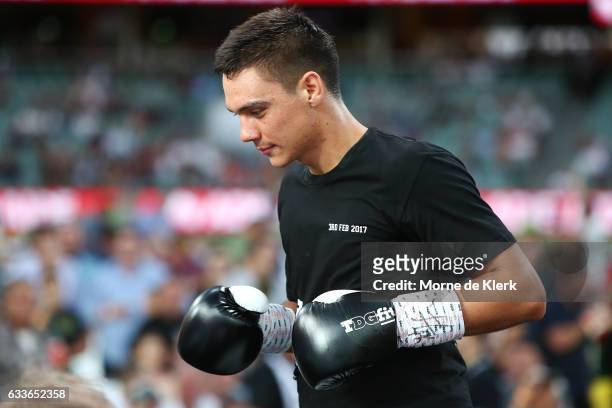 Australian boxer Tim Tszyu prepares for his middleweight bout with Mark Dalby Adelaide Oval on February 3, 2017 in Adelaide, Australia.