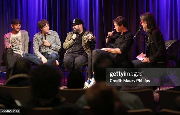 Musicians Dan Konopka, Andy Ross, Tim Nordwind, Damian Kulash and Vice President of the GRAMMY Foundation Scott Goldman speak onstage during Upside...