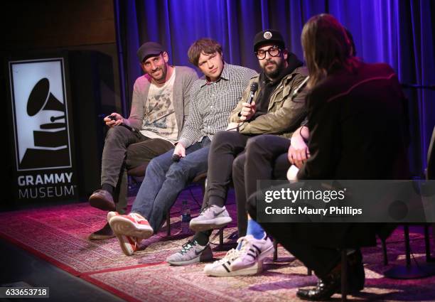 Musicians Dan Konopka, Andy Ross, Tim Nordwind and Vice President of the GRAMMY Foundation Scott Goldman speak onstage during Upside Down Inside Out...