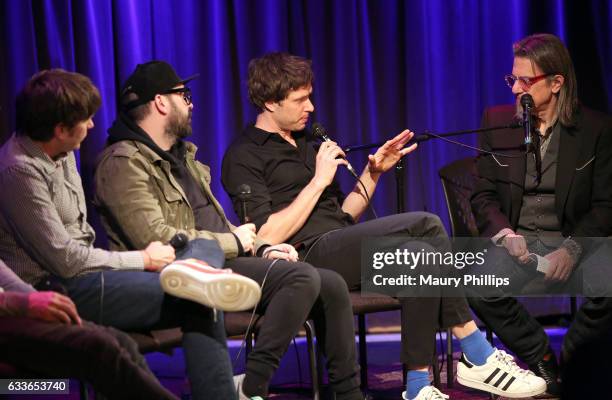 Musicians Andy Ross, Tim Nordwind, Damian Kulash and Vice President of the GRAMMY Foundation Scott Goldman speak onstage during Upside Down Inside...