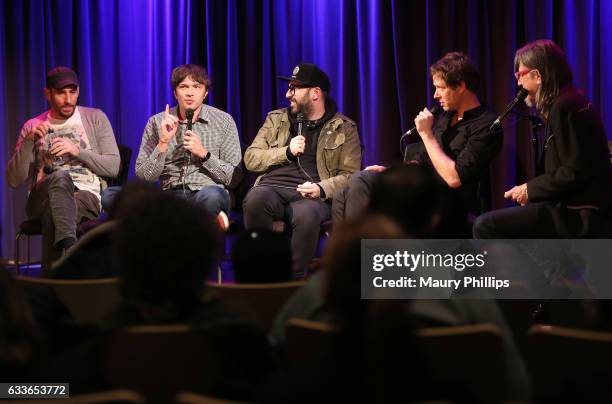 Musicians Dan Konopka, Andy Ross, Tim Nordwind, Damian Kulash and Vice President of the GRAMMY Foundation Scott Goldman speak onstage during Upside...