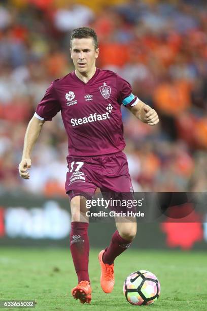 Matthew McKay of the Roar kicks during the round 18 A-League match between the Brisbane Roar and Sydney FC at Suncorp Stadium on February 3, 2017 in...