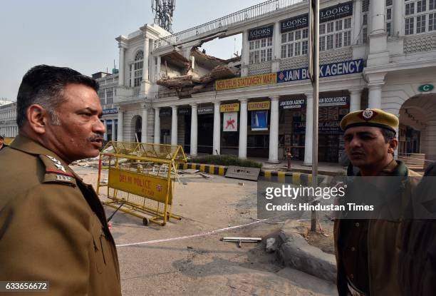 An empty section of a building collapsed in C Block at Connaught place, at around 2:00 am on Wednesday night, on February 2, 2017 in New Delhi,...