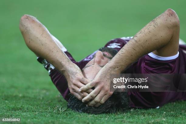 Thomas Broich of the Roar reacts after the round 18 A-League match between the Brisbane Roar and Sydney FC at Suncorp Stadium on February 3, 2017 in...