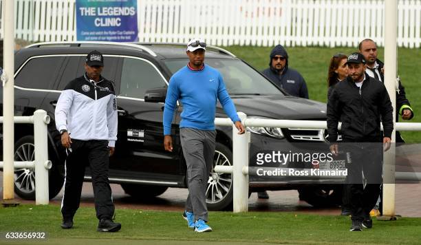 Tiger Woods of the USA arrives at the Emirates Golf for a short visit during the second round of the Omega Dubai Desert Classic at Emirates Golf Club...