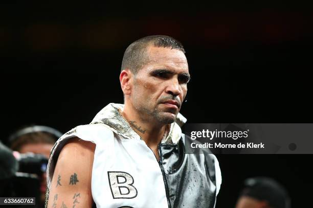 Australian boxer Anthony Mundine arrives to fight in a cruiserweight bout with Danny Green at Adelaide Oval on February 3, 2017 in Adelaide,...