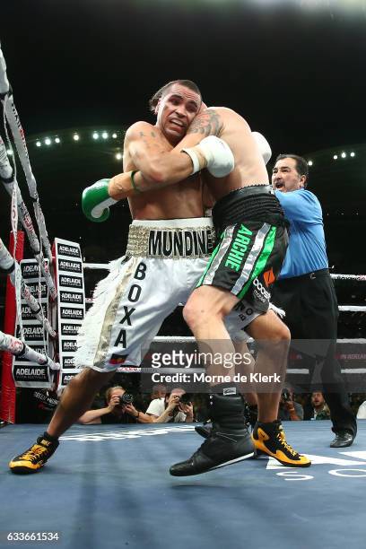 Australian boxers Anthony Mundine and Danny Green fight during their cruiserweight bout at Adelaide Oval on February 3, 2017 in Adelaide, Australia.