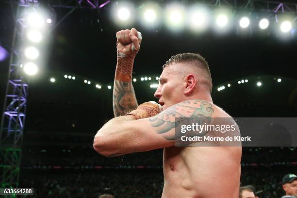 Australian boxer Danny Green celebrates after deafeating Anthony Mundine in their cruiserweight bout at Adelaide Oval on February 3, 2017 in...