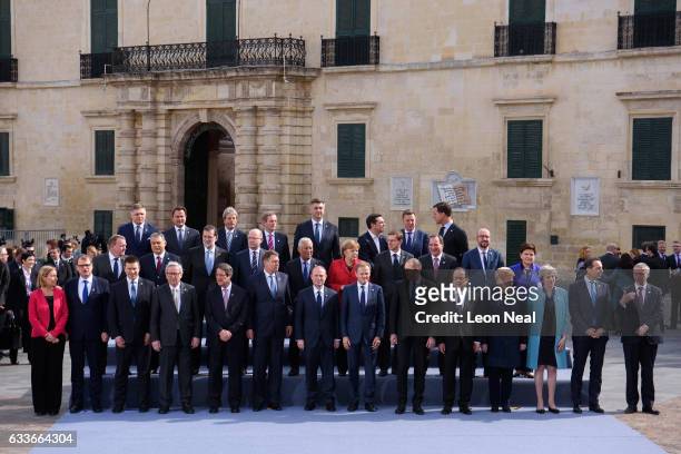 Delegates from the EU Informal Summit gather for the family photo on February 3, 2017 in Valletta, Malta. Theresa May attends an informal summit of...
