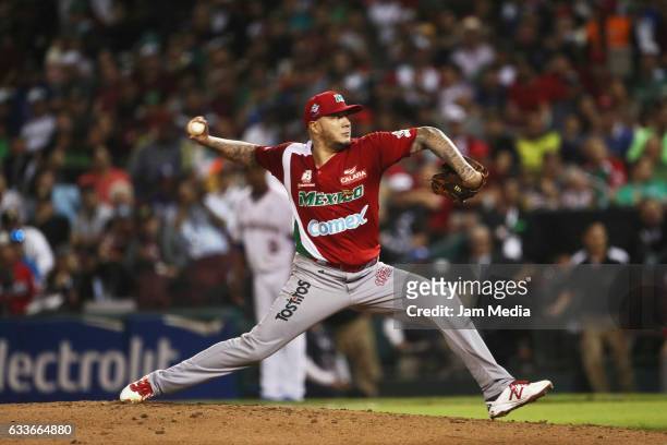 Hector Velazquez, pitcher of Mexico, pitches during a game between Aguilas del Mexicali of Mexico and Tigres de Licey of Dominican Republic as part...