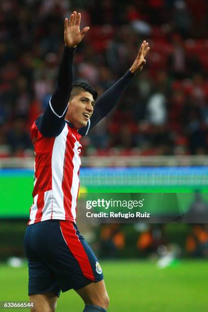 Alan Pulido of Chivas celebrates after scoring during a friendly match between Chivas of Mexico against Boca Juniors of Argentina, named Duelo de...