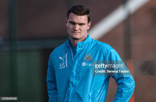 Curtis Good looks out during the Newcastle United Training Session at The Newcastle United Training Centre on February 3, 2017 in Newcastle upon...