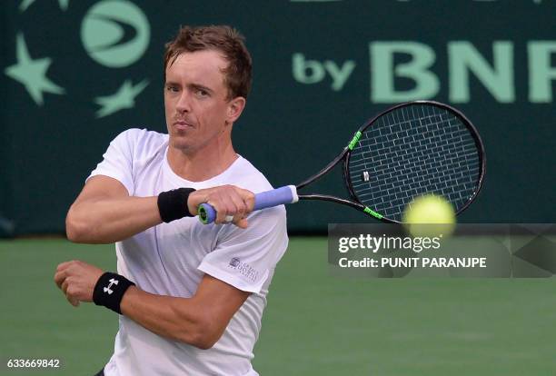 New Zealand's Jose Statham returns a shot during a Davis Cup singles tennis match against India's Ramkumar Ramanathan at the Balewadi Sports Complex...