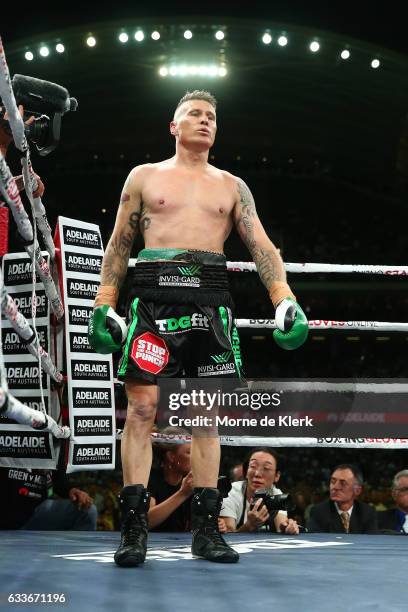 Australian boxer Danny Green waits in his corner during his cruiserweight bout with Anthony Mundine at Adelaide Oval on February 3, 2017 in Adelaide,...