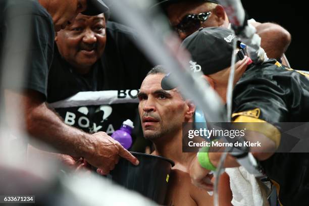 Australian boxer Anthony Mundine sits in his corner during his cruiserweight bout with Danny Green at Adelaide Oval on February 3, 2017 in Adelaide,...