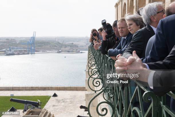 British Prime Minister Theresa May and Donald Tusk, President of the European Council, look out over Valletta Harbour with other European...