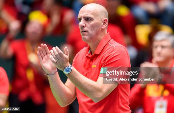 Team captain Johan van Herck reacts during day one of the Davis Cup World Group first round between Germany and Belgium at Fraport Arena on February...