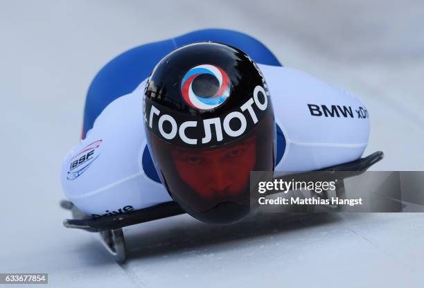 Alexander Tretiakov of Russia competes during the Men's Skeleton first run of the BMW IBSF World Cup at Olympiabobbahn Igls on February 3, 2017 in...