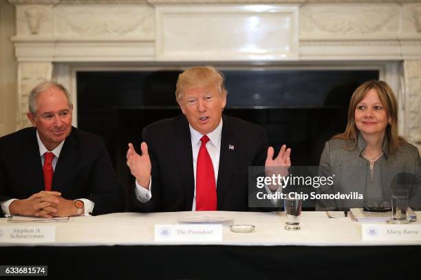 President Donald Trump delivers opening remarks at the beginning of a policy forum with business leaders with General Motors CEO Mary Barra and...